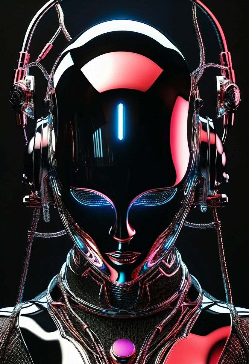 futuristic beautiful cyborg head with chrome helmet connected by cables and wires and led metallic features surrounded by tribal chrome shaped elements, 3D render, artwork in the style of Hajime Sorayama, Caravaggio, Jessica Rossier and Natalia Rak. Symmetrical composition, black studio background, blur and soft light, pink red white and silver colors