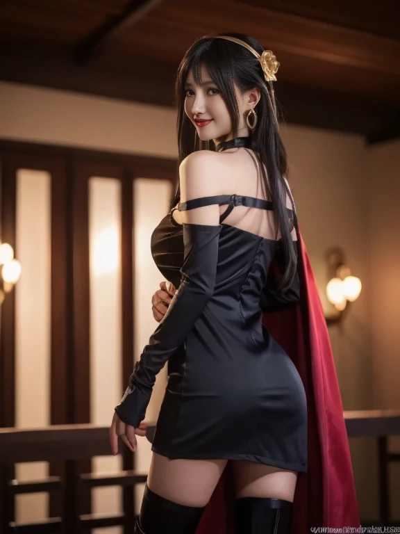 (Highest quality, 4K, masterpiece :1.3), Beautiful woman, Surreal, 1 person,),Ajolf, Side Lock,Short hair and long straight hair, Gold Hair Band, Gold earrings, Gold Hair Ornament, Big Breasts, Exposing shoulders, Black Dress, Double-sided dress with red rose cape, choker, Thigh-high boots, , Fingerless gloves, Thigh-high boots,Slender beauty, (Huge breasts, Attractive body :1.2), Abdominal exercises :1.1, Long black hair 1.1, Highly detailed face, Lip details, Beautiful Eyes, double eyelid, Sexy low neck dress, Open neckline, Twisting waist pose, Visible curves,Muscular, Bent legs, Yugal, masterpiece, Highest quality, High resolution, aaYugalf,Cowboy Shot, Are standing, Looking at the audience, Outdoor, night, (Perfect Anatomy:1.Big Ass, jewelry, Off the shoulder, Black Pantyhose, Cute Smile, Beautiful and bright lighting, Beautiful breasts,Place your hands behind your back,