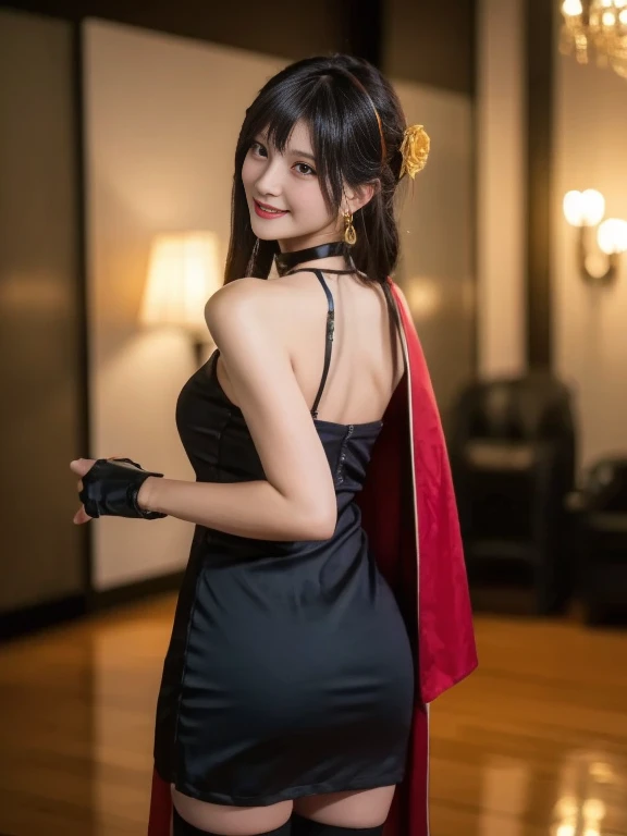 (Highest quality, 4K, masterpiece :1.3), Beautiful woman, Surreal, 1 person,),Ajolf, Side Lock,Short hair and long straight hair, Gold Hair Band, Gold earrings, Gold Hair Ornament, Big Breasts, Exposing shoulders, Black Dress, Double-sided dress with red rose cape, choker, Thigh-high boots, , Fingerless gloves, Thigh-high boots,Slender beauty, (Huge breasts, Attractive body :1.2), Abdominal exercises :1.1, Long black hair 1.1, Highly detailed face, Lip details, Beautiful Eyes, double eyelid, Sexy low neck dress, Open neckline, Twisting waist pose, Visible curves,Muscular, Bent legs, Yugal, masterpiece, Highest quality, High resolution, aaYugalf,Cowboy Shot, Are standing, Looking at the audience, Outdoor, night, (Perfect Anatomy:1.Big Ass, jewelry, Off the shoulder, Black Pantyhose, Cute Smile, Beautiful and bright lighting, Beautiful breasts,Place your hands behind your back,