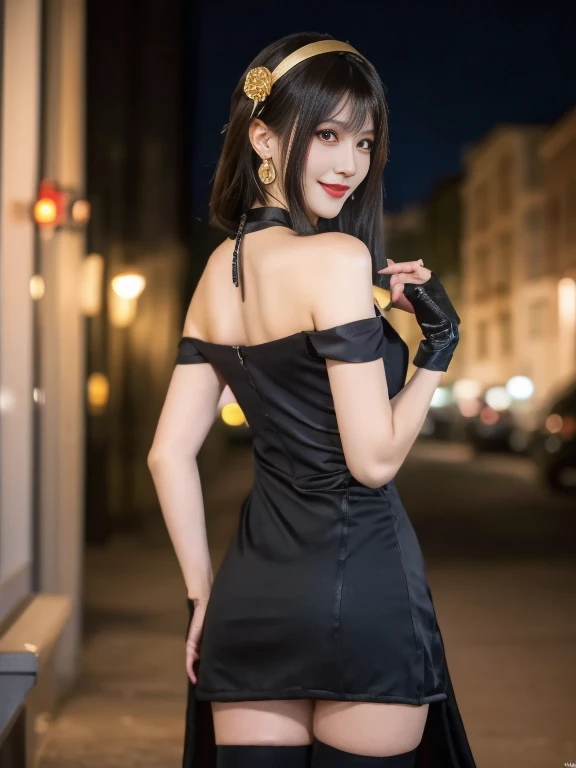 (Highest quality, 4K, masterpiece :1.3), Beautiful woman, Surreal, 1 person,),Ajolf, Side Lock,Short hair and long straight hair, Gold Hair Band, Gold earrings, Gold Hair Ornament, Big Breasts, Exposing shoulders, Black Dress, Double-sided dress with red rose cape, choker, Thigh-high boots, , Fingerless gloves, Thigh-high boots,Slender beauty, (Huge breasts, Attractive body :1.2), Abdominal exercises :1.1, Long black hair 1.1, Highly detailed face, Lip details, Beautiful Eyes, double eyelid, Sexy low neck dress, Open neckline, Twisting waist pose, Visible curves,Muscular, Bent legs, Yugal, masterpiece, Highest quality, High resolution, aaYugalf,Cowboy Shot, Are standing, Looking at the audience, Outdoor, night, (Perfect Anatomy:1.Big Ass, jewelry, Off the shoulder, Black Pantyhose, Cute Smile, Beautiful and bright lighting, Beautiful breasts,Place your hands behind your back,