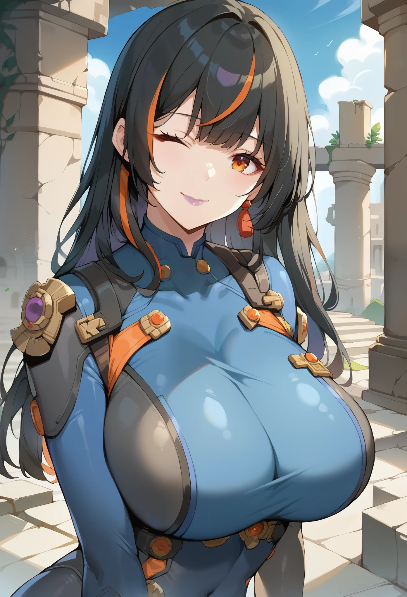 masterpiece, score_9, score_8_up, score_7_up, source_anime, best quality, extremely detailed, 1girl, milf, solo, zhu yuan, (huge breasts), ((((black hair), streaked hair, long hair, bangs, orange eyes, one eye closed))), purple lips, (((purple plugsuit))), ((light smile), closed mouth), ((ancient ruins))