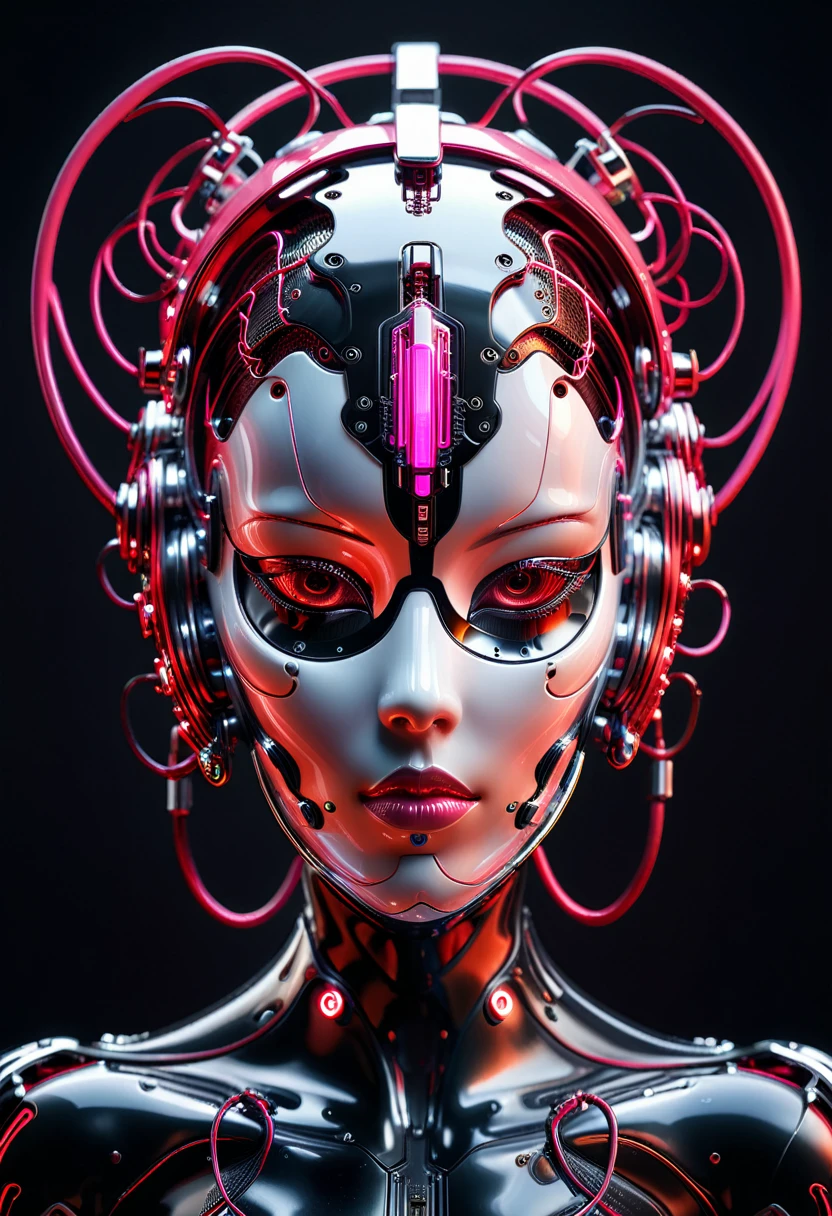 futuristic beautiful cyborg head with chrome helmet connected by cables and wires and led metallic features surrounded by tribal chrome shaped elements, 3D render, artwork in the style of Hajime Sorayama, Caravaggio, Jessica Rossier and Natalia Rak. Symmetrical composition, black studio background, blur and soft light, pink red white and silver colors