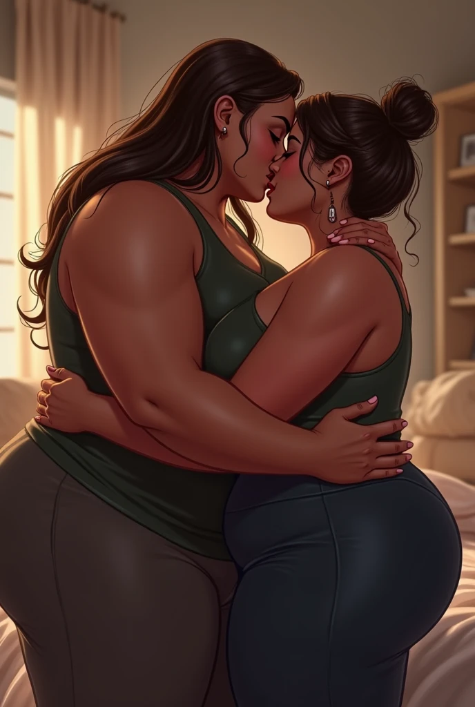 (masterpiece, bestquality, highres:1.5), realistic, (2girls:), Kiera Knightley, (USSBBW:1.2), (fat:1.2), (fatblob:1.3), (detailed, beautiful face:1.4), Christina Hendriks, petite, thin, looking at each other, smile, lip bite, fat belly, nude