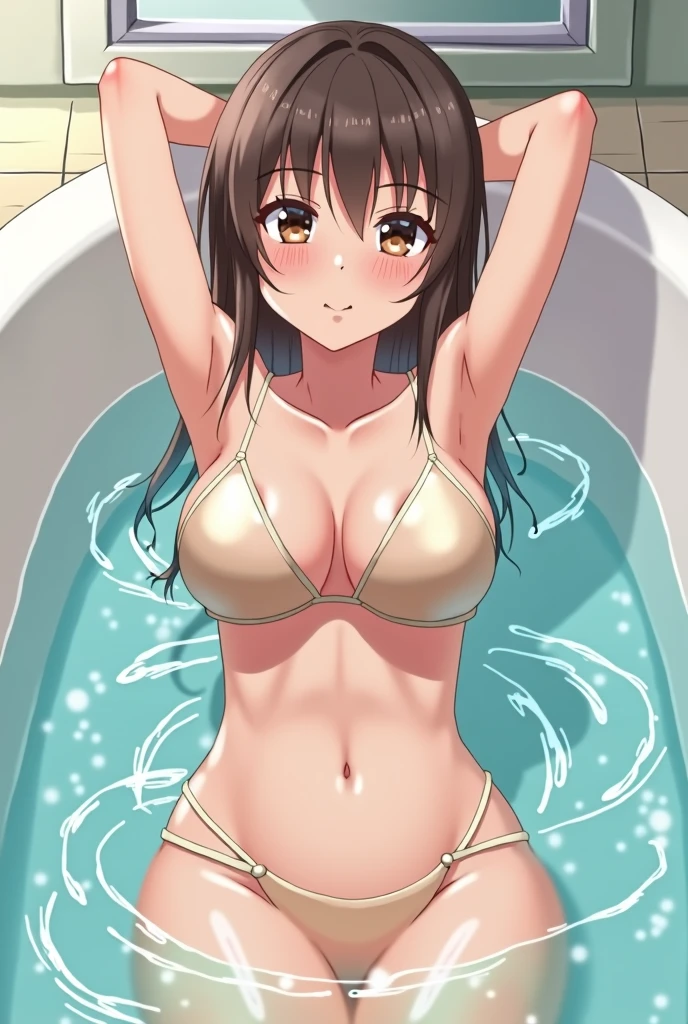 Kizi, age 25, body soaking wet, horny expression,busty, thick, medium brown hair, greeneyes, sitting on the edge of the bathtub , holding the breasts, legs spread open.