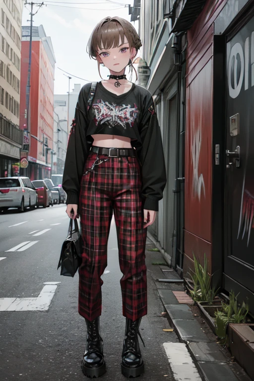 ((nice with you)), short hair, Braided hair, Brown Hair, Purple eyes, bangs, woman, alone, punk, punkファッション, Black tops, Spiked Choker, red tartan pants, Studsbelt,Dr. Martens Boots, Dark eyeliner makeup, masterpiece, Urban Scene、Background of the cityscape、Graffiti wall