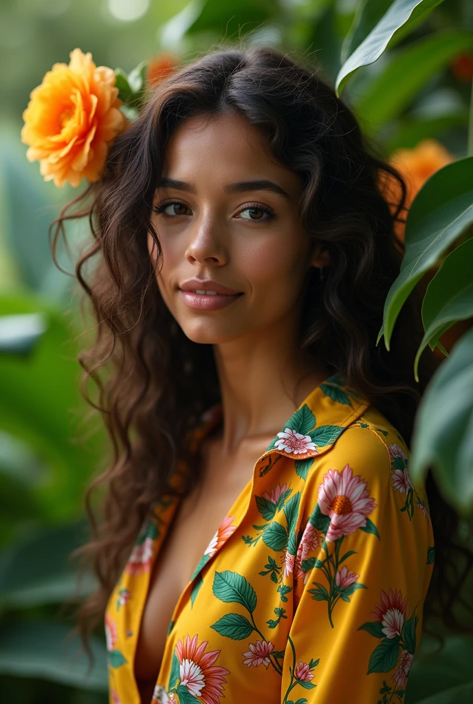 A Brazilian woman in a lush tropical garden, wearing an open shirt with a floral print, with a close-up capturing the harmonious beauty between her breasts and the natural flowers, showing off your natural charm and outgoing personality.