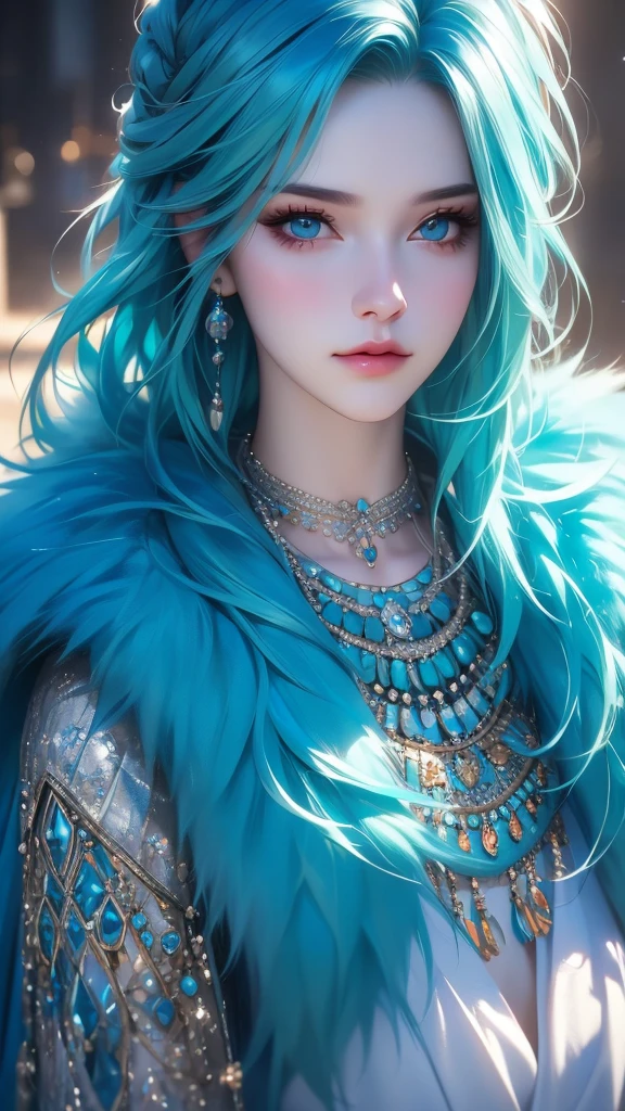 a beautiful young woman with aqua blue hair, wearing a fur-trimmed jacket, a necklace, and makeup, looking directly at the viewer, detailed facial features, realistic, photorealistic, masterpiece, high quality, 8k, ultra-detailed, vibrant colors, dramatic lighting