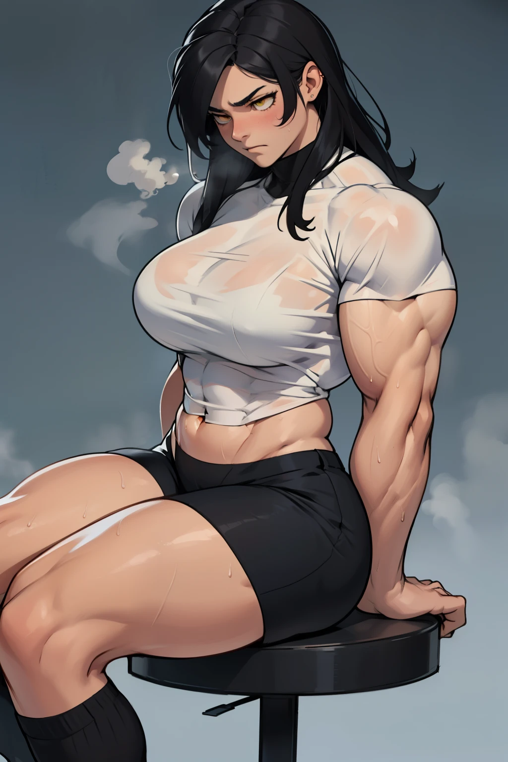 girl muscular thick pale skin black hair ultra detailed eyes  toned body embarrassed blush very long hair yellow eyes seating 