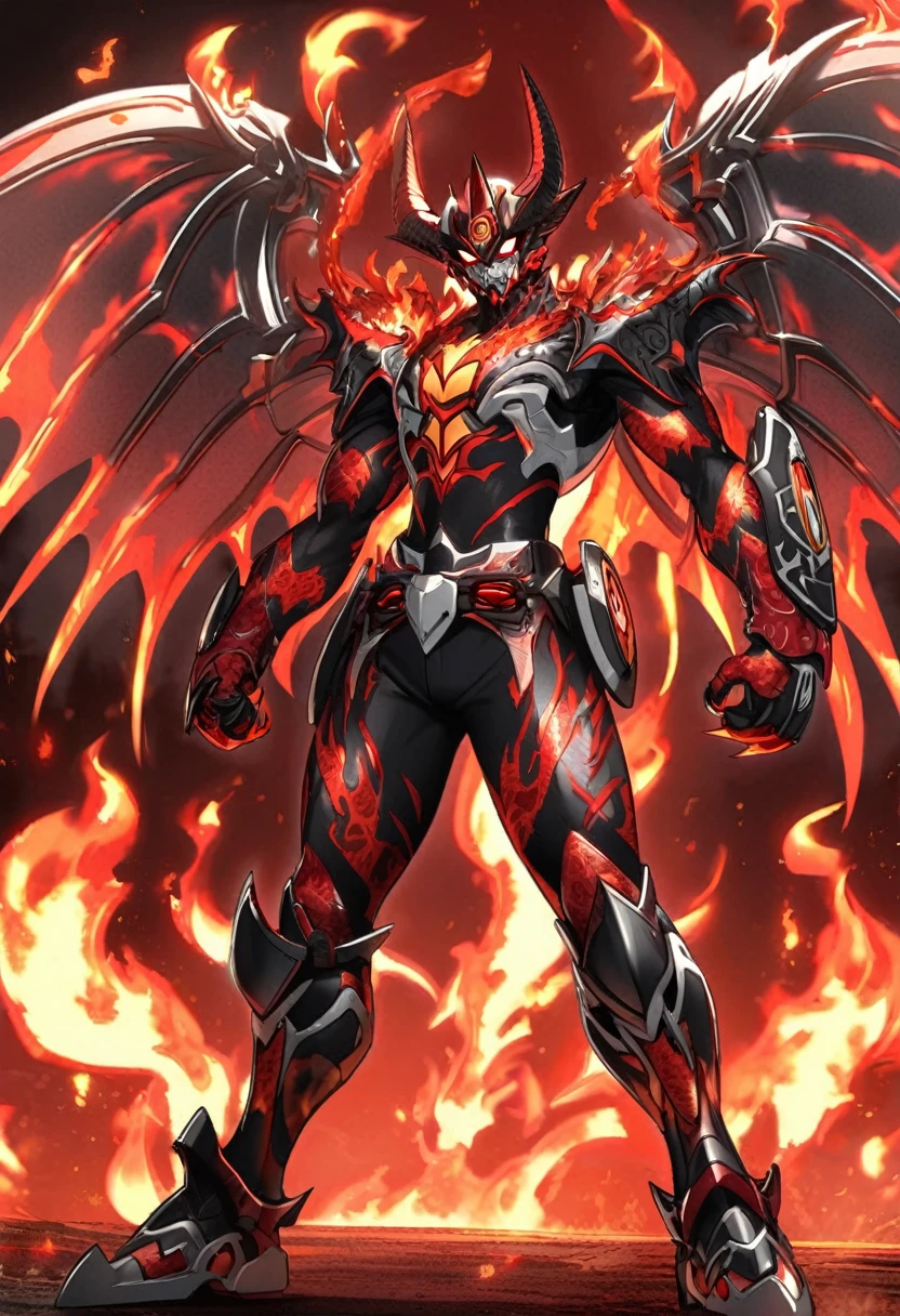 Kamen Rider,devil,Flames in hands,Metallic wings on the back,Sharp eyes,Red Eyes,Two short horns,Red Corner,Chest with flame pattern,prick々Small waist,Sharp knee pads,Sharp claws,Flame patterned legs