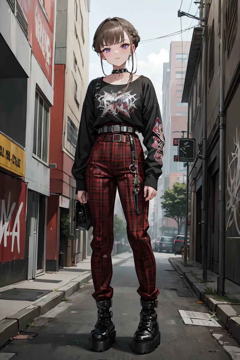 ((nice with you)), short hair, Braided hair, Brown Hair, Purple eyes, bangs, woman, alone, punk, punkファッション, Black tops, Spiked Choker, red tartan pants, Studsbelt,Dr. Martens Boots, Dark eyeliner makeup, masterpiece, Urban Scene、Background of the cityscape、Graffiti wall