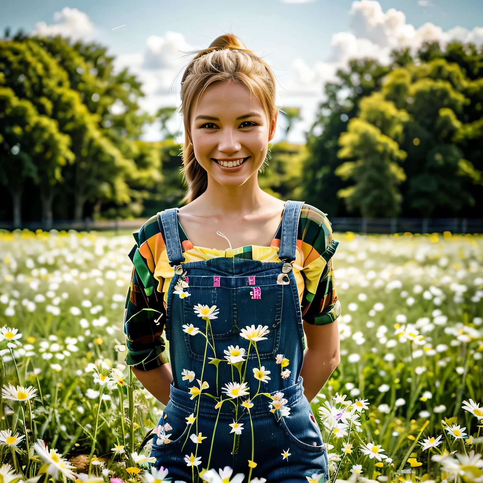 v3rl4n, farm girl wearing denim overalls, full body portrait, skinny body, ponytail, smiling playfully, posing in a pasture field of daisies, colorful, saturated, very detailed, high resolution, canon 5d mark iv, 84mm lens, f1. 0, bokeh, golden hour 