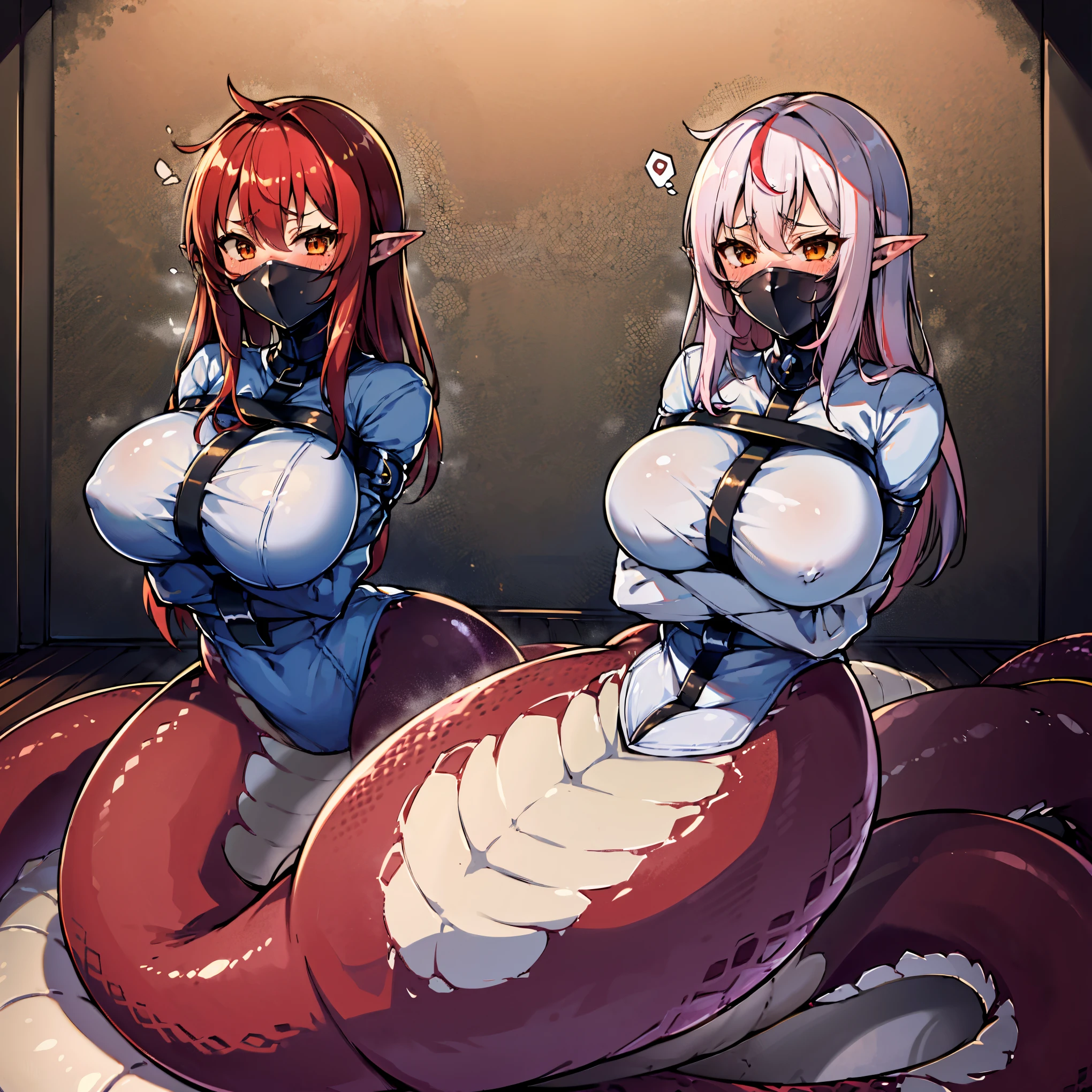 Lamia, girl, straitjacket, bound arms, blushing, big boobs, highres, 2 girls, neck_corset, pointy ears, over the mouth gag, red hair