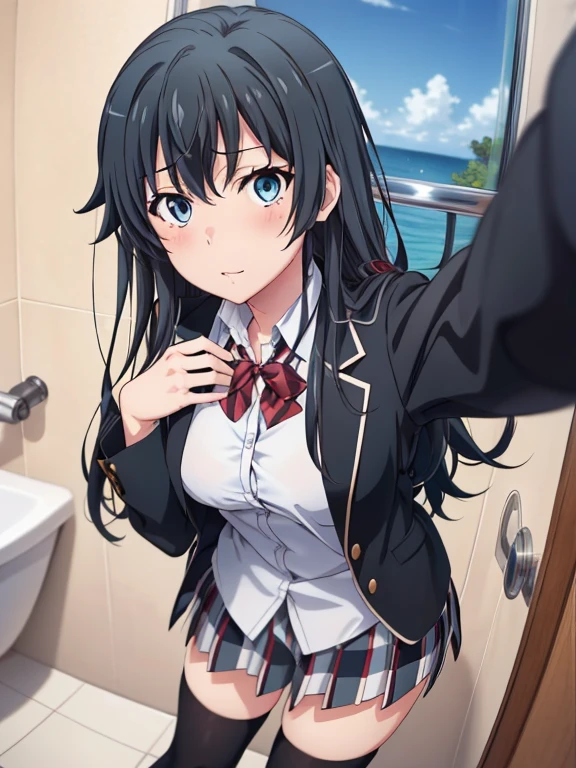 ((masutepiece, Best Quality, hight resolution, nffsw, Perfect Pixel, depth of fields, 4K, )), 1girl in, Solo, , Beautiful anime girl, Beautiful Art Style, 
very low view angle:1.3, view from below:1.5, sky from below:1.5, bathroom background, 
Perfect body, yukinoshita yukino, school uniform, black jacket. plaid skirt, thighhighs,
yukinoshita yukino, long hair, black hair, medium breasts, selfie, clothes lift,
Full face blush, red face, 
straight on:1.3, medium shot