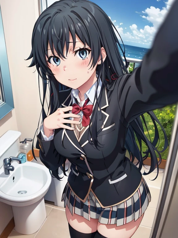 ((masutepiece, Best Quality, hight resolution, nffsw, Perfect Pixel, depth of fields, 4K, )), 1girl in, Solo, , Beautiful anime girl, Beautiful Art Style, 
very low view angle:1.3, view from below:1.5, sky from below:1.5, bathroom background, 
Perfect body, yukinoshita yukino, school uniform, black jacket. plaid skirt, thighhighs,
yukinoshita yukino, long hair, black hair, medium breasts, selfie, clothes lift,
Full face blush, red face, 
straight on:1.3, medium shot