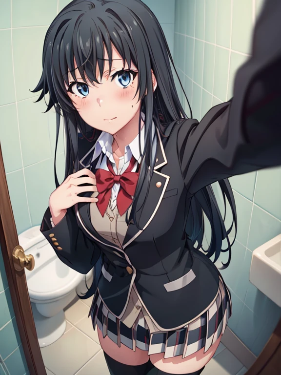 ((masutepiece, Best Quality, hight resolution, nffsw, Perfect Pixel, depth of fields, 4K, )), 1girl in, Solo, , Beautiful anime girl, Beautiful Art Style, 
very low view angle:1.3, view from below:1.5, sky from below:1.5, bathroom background, 
Perfect body, yukinoshita yukino, school uniform, black jacket. plaid skirt, thighhighs,
yukinoshita yukino, long hair, black hair, medium breasts, selfie, clothes lift,
Full face blush, red face, 
straight on:1.3, medium shot