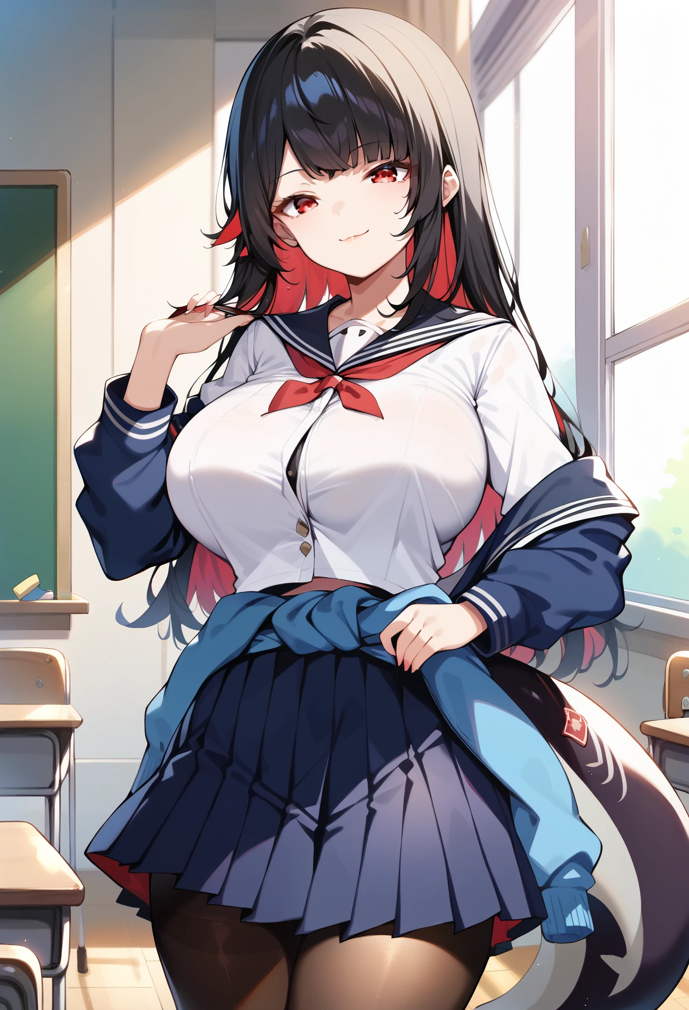 masterpiece, score_9, score_8_up, score_7_up, source_anime, best quality, extremely detailed, 1girl, mature female, solo, Ellen_Joe, (huge breasts), ((((black hair), colored inner hair, long hair, red eyes, shark tail))), parted lips, (((seifuku, sailor collar, jacket around waist, medium skirt, pantyhose))), ((light smile), closed mouth), ((classroom))