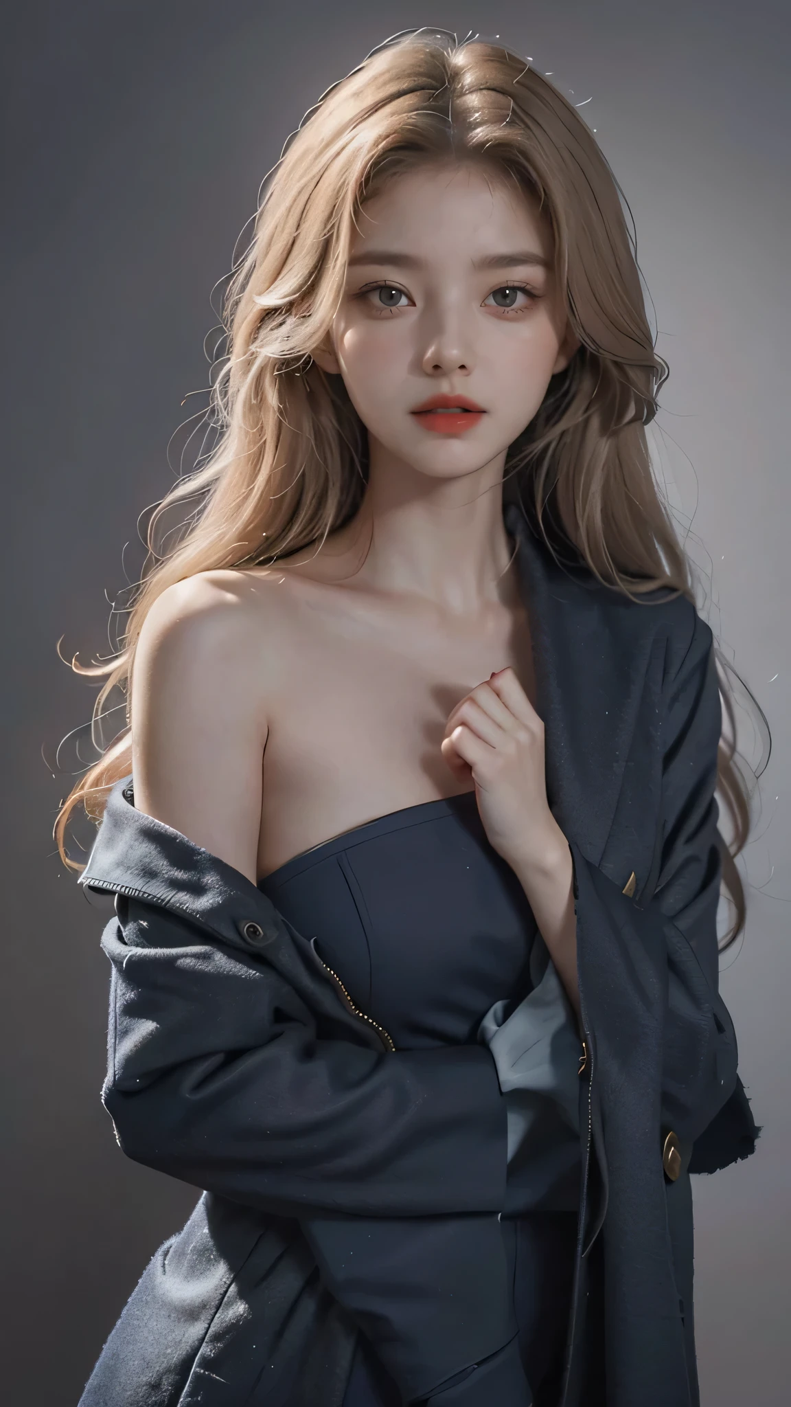 Girl wearing, luxury black coat, shoulder length hair, wavy hair, glowing skin, star in eye, red lips, grey background, cute poses , upper body, light blonde hair.