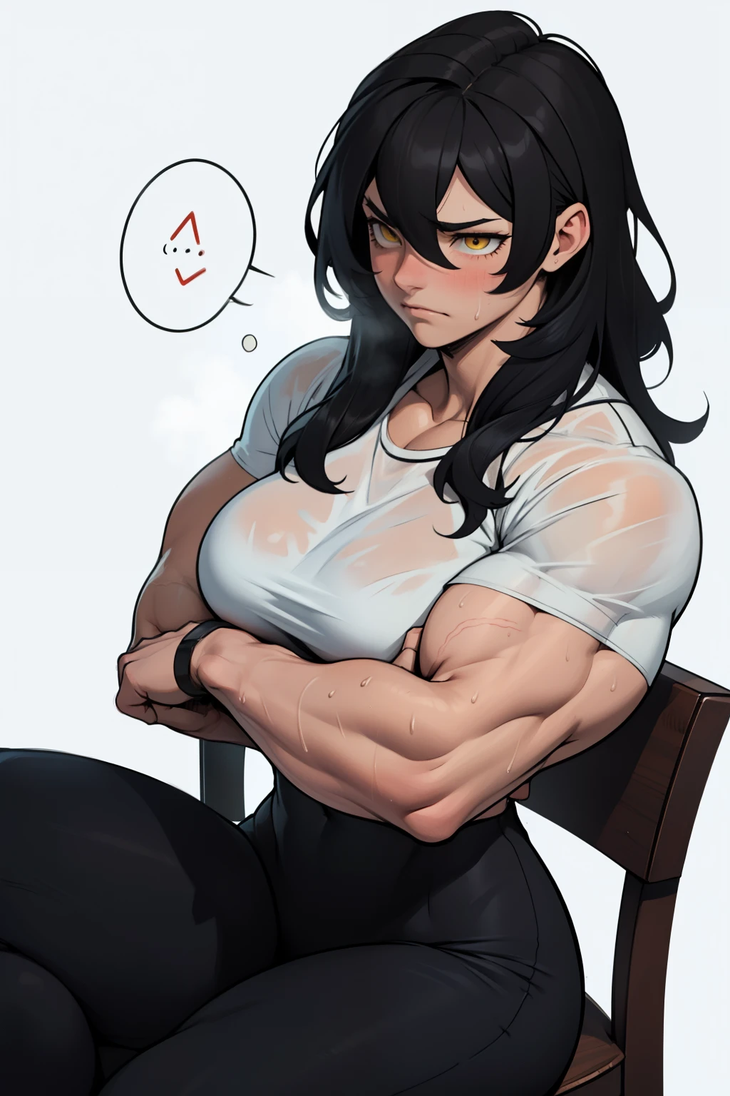 score_9, score_8_up, score_7_up, source_anime, cute girl, muscular pecs, muscular biceps, feminine face, long hair, very detailed, shy, blushing, flexing biceps, hairy arms