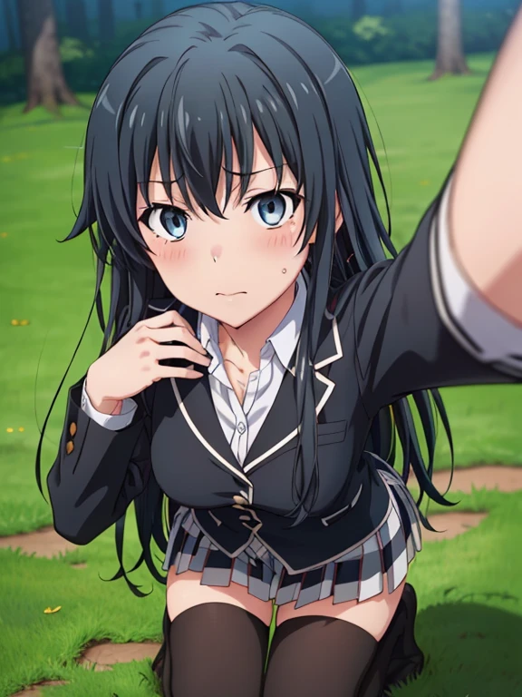 ((masutepiece, Best Quality, hight resolution, nffsw, Perfect Pixel, depth of fields, 4K, )), 1girl in, Solo, , Beautiful anime girl, Beautiful Art Style, 
very low view angle:1.3, view from below:1.5, forest background,
Perfect body, yukinoshita yukino, school uniform, black jacket. plaid skirt, thighhighs,
yukinoshita yukino, long hair, black hair, medium breasts, selfie, clothes lift, kneeling,
Full face blush, red face, 
straight on:1.3, medium shot