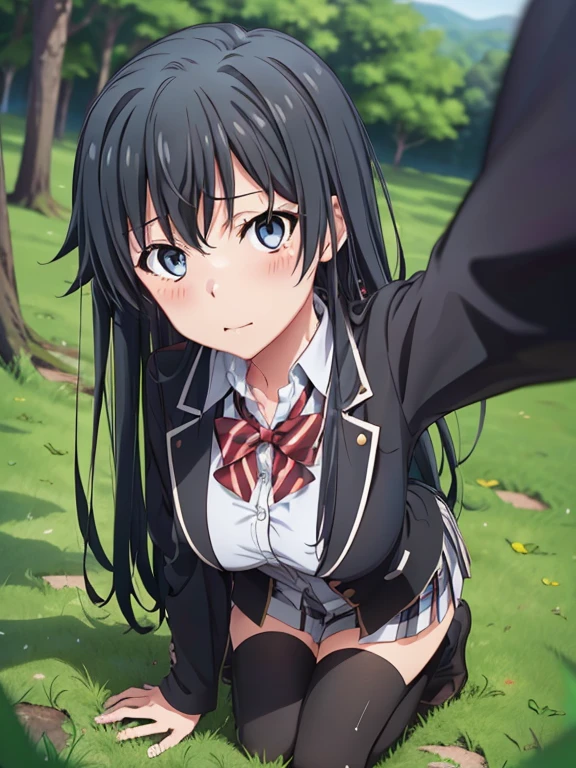 ((masutepiece, Best Quality, hight resolution, nffsw, Perfect Pixel, depth of fields, 4K, )), 1girl in, Solo, , Beautiful anime girl, Beautiful Art Style, 
very low view angle:1.3, view from below:1.5, forest background,
Perfect body, yukinoshita yukino, school uniform, black jacket. plaid skirt, thighhighs,
yukinoshita yukino, long hair, black hair, medium breasts, selfie, clothes lift, kneeling,
Full face blush, red face, 
straight on:1.3, medium shot