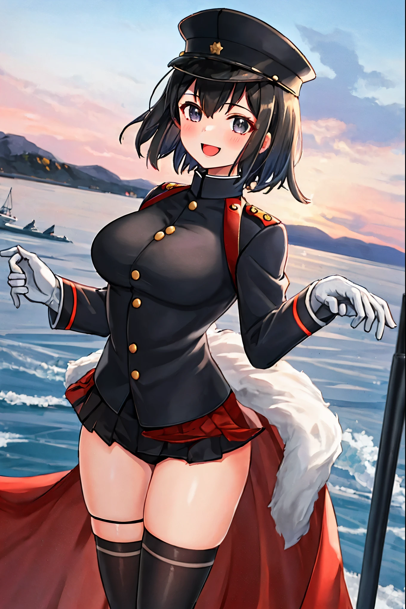 best quality, masterpiece, solo, {akitsu_maru_kantaicollection:1.15}, black_hair, short_hair, hat, peaked_cap, black_eyes, military, big_breasts, 1girl, black_headwear, looking_at_viewer,black_ military_uniform, uniform, military_hat, in_front_harbor_town_landscape_background, smile,(plump:0.7),,black_thigh-highs,joylight_open_mouth,