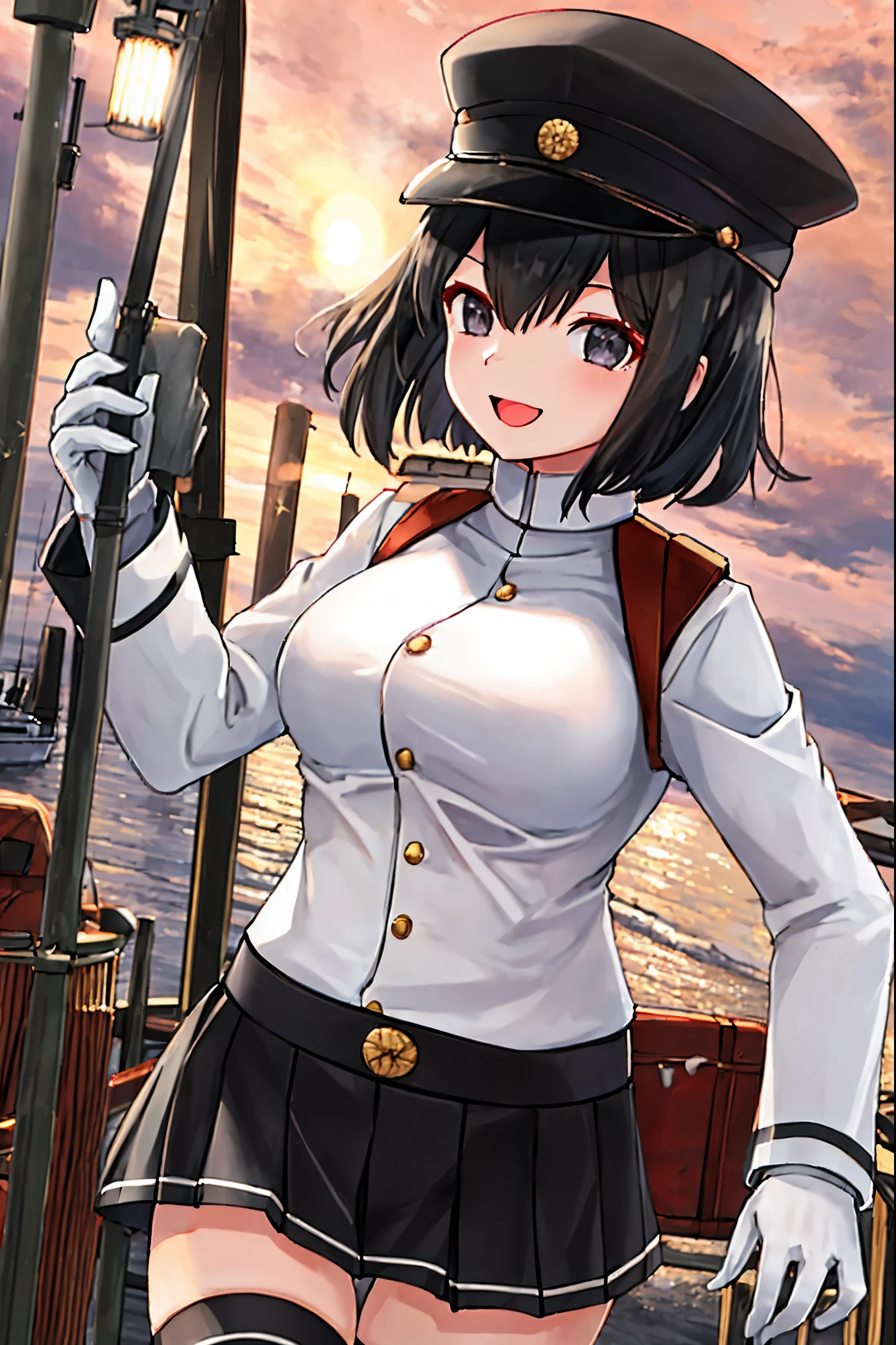 best quality, masterpiece, solo, {akitsu_maru_kantaicollection:1.15}, black_hair, short_hair, hat, peaked_cap, black_eyes, military, big_breasts, 1girl, black_headwear, looking_at_viewer,black_ military_uniform, uniform, military_hat, in_front_harbor_town_landscape_background, smile,(plump:0.7),,black_thigh-highs,joylight_open_mouth,