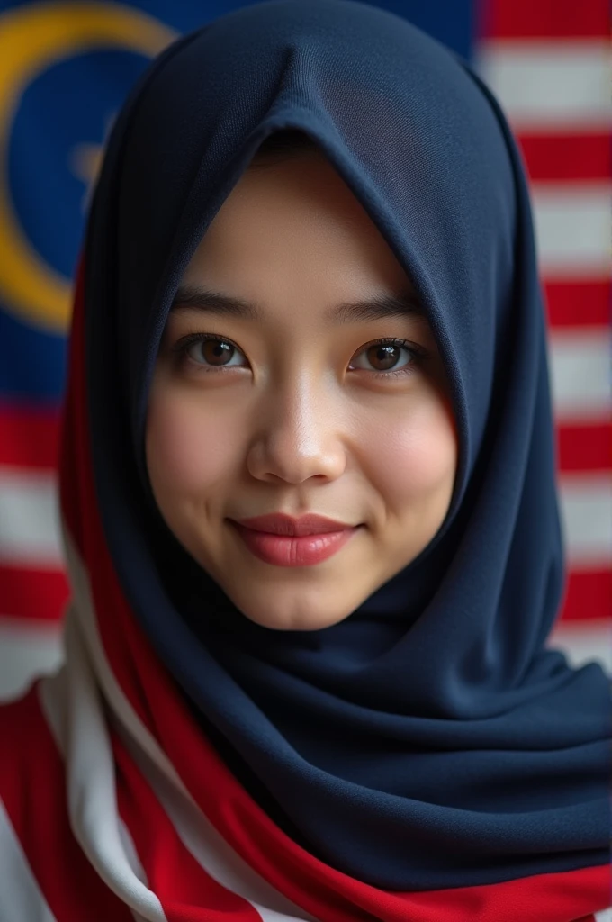 Beautiful girl with glasses wearing pastel coloured hijab with pastel modesty outfit, holding Malaysian's flag while posing with sweet pose in paddy field in the morning. 