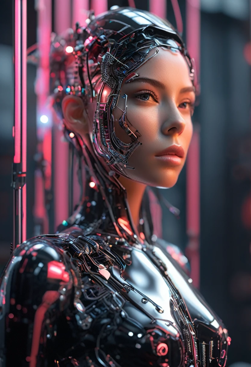 The image must be shot in ultra high resolution, create an ultra realistic image, 8k, futuristic beautiful full body cyborg with chrome helmet connected by cables and wires, and LED metal elements surrounded by tribal chrome elements, 3D rendering,
works of art in the style of Hajime Sorayama, Caravaggio, Jessica Rossier and Natalia Rak. Symmetrical composition, black studio background, blur and soft light, pink, red, white and silver colors. anamorphic lens, ultra-realistic, highly detailed, fashioncore, modelcore, portrait photography taken by Mario Testino.
Use the Sony a7 II with a 30mm lens and F.1.2 aperture to blur the background and isolate the subject. Use distinctive lighting in your subject shot. [raw]—[/raw]ar 2:3 [raw]—[/raw]v 5.1