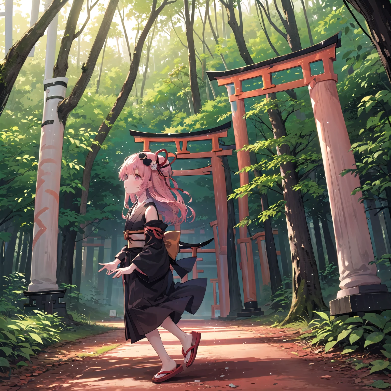 (masterpiece, Highest quality:1.2), One personで, One person,Kotonoha Akane,(Hair Ribbon;1.2),Perfect composition,((torii in the forest :1.5)),Close Angle,Black Dress, Removable sleeves, Wide sleeves, Expose your shoulders,Pink Hair