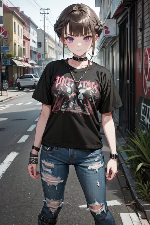 ((nice with you)), short hair, Braided hair, Brown Hair, Purple eyes, bangs, woman, alone, punk, Band T-Shirts, Distressed denim, chain, Studs, boots, Street, Hard makeup、Background of the cityscape、Graffiti wall