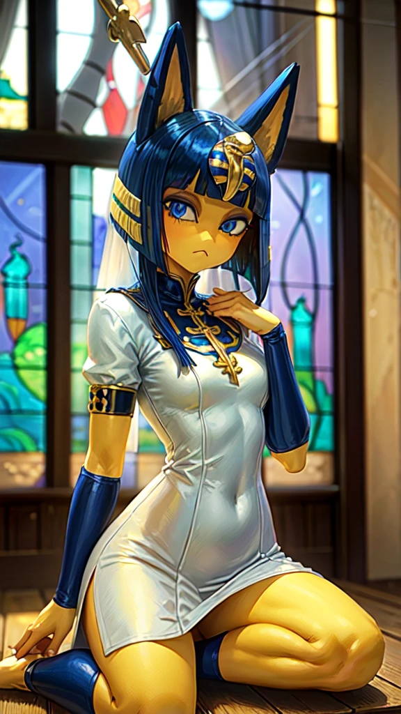 masterpiece, high quality, blue eyes, alone,  1 person,woman, Gorgeous body, Fascinating、attractive、Knee-length、Monastic uniform、Stained glass、church