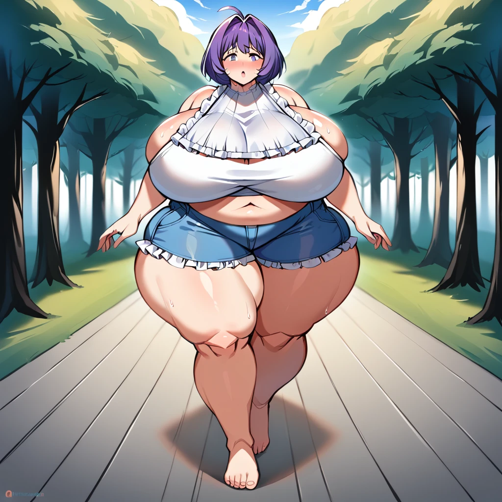 masterpiece, best quality, super detail, 4k, 1girl, (female ssbbw, wearing frilly white sleeveless top and blue frilly shorts:1.1), bbw, sexy milf, cute face, mature, forest (Large twisted trees), gigantic breasts, bare feet, purple hair, extremely wide hips:4.0, massive thighs:4.0, massive calves, massive ass, excited expression, aroused, sweaty, (getting turned on, shy pose, eyes open, eyes very well defined (high priority), walking around, Light source overhead, deep shadows, pupils very well defined(High priority)),(Face close to viewpoint) , Image in anime style, add detail