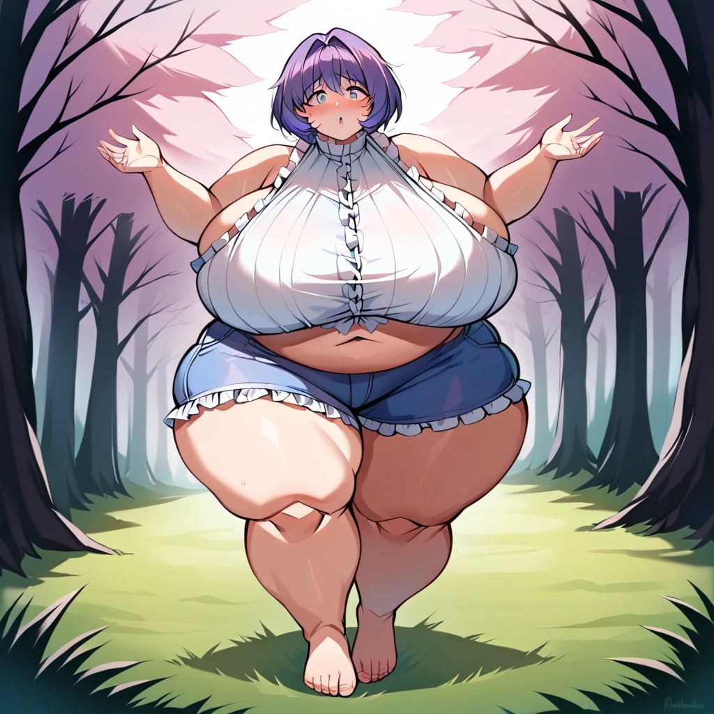 masterpiece, best quality, super detail, 4k, 1girl, (female ssbbw, wearing frilly white sleeveless top and blue frilly shorts:1.1), bbw, sexy milf, cute face, mature, forest (Large twisted trees), gigantic breasts, bare feet, purple hair, extremely wide hips:4.0, massive thighs:4.0, massive calves, massive ass, excited expression, aroused, sweaty, (getting turned on, shy pose, eyes open, eyes very well defined (high priority), walking around, Light source overhead, deep shadows, pupils very well defined(High priority)),(Face close to viewpoint) , Image in anime style, add detail