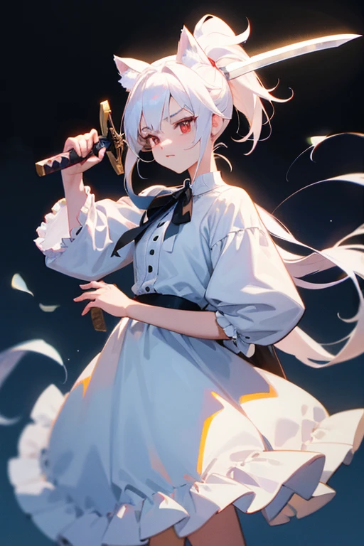 Beautiful anime girl with white hair, Red eyes, And a delicate face, wearing cute white dress, A playful and bright look, Ultra-high resolution, masterpiece, Highest quality, Very detailed, ponytail,Long Hair,****ta with animal ears, Anime Style,Carrying,Carrying a weapon,巨Large sword,Large sword,Big Sword,Put it on your shoulder,Carrying,Long Sword