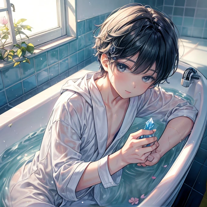 masterpiece:1.2, 8k, (Highest quality,Very detailed,Realistic:1.37),One Boy, Soft Light, bathroom,Boy taking a bath,Wearing only a bathrobe,Clothes are open,Skin showing through a wet bathrobe,Bathrobe falling off,Long sleeve,Black Hair,Blue Eyes,Crystal clear water,I scattered freshly picked flowers in the bathtub.,Wet floor,Water-like floor,A fantastic atmosphere,A little open and vivid crystals,High resolution,超High resolution,The light shines through,The light shines on the boy, the rest is in shadow,Shaded white tile wall,The window frames are made of iron,White bathtub,Pay close attention to detail,Colorful bokeh background,An aura of serenity and peace,Perfectly captured the beauty of the unseen,Artistic and fascinating composition,A playful and whimsical atmosphere,Resort,Resortホテルの風呂,Calm and cozy atmosphere,Carefully hand-painted crystals,Perfect realism with just a little bit of the floor visible,The time is noon,The only furniture is a bathtub, a shower, and a window.,Moderate humidity.