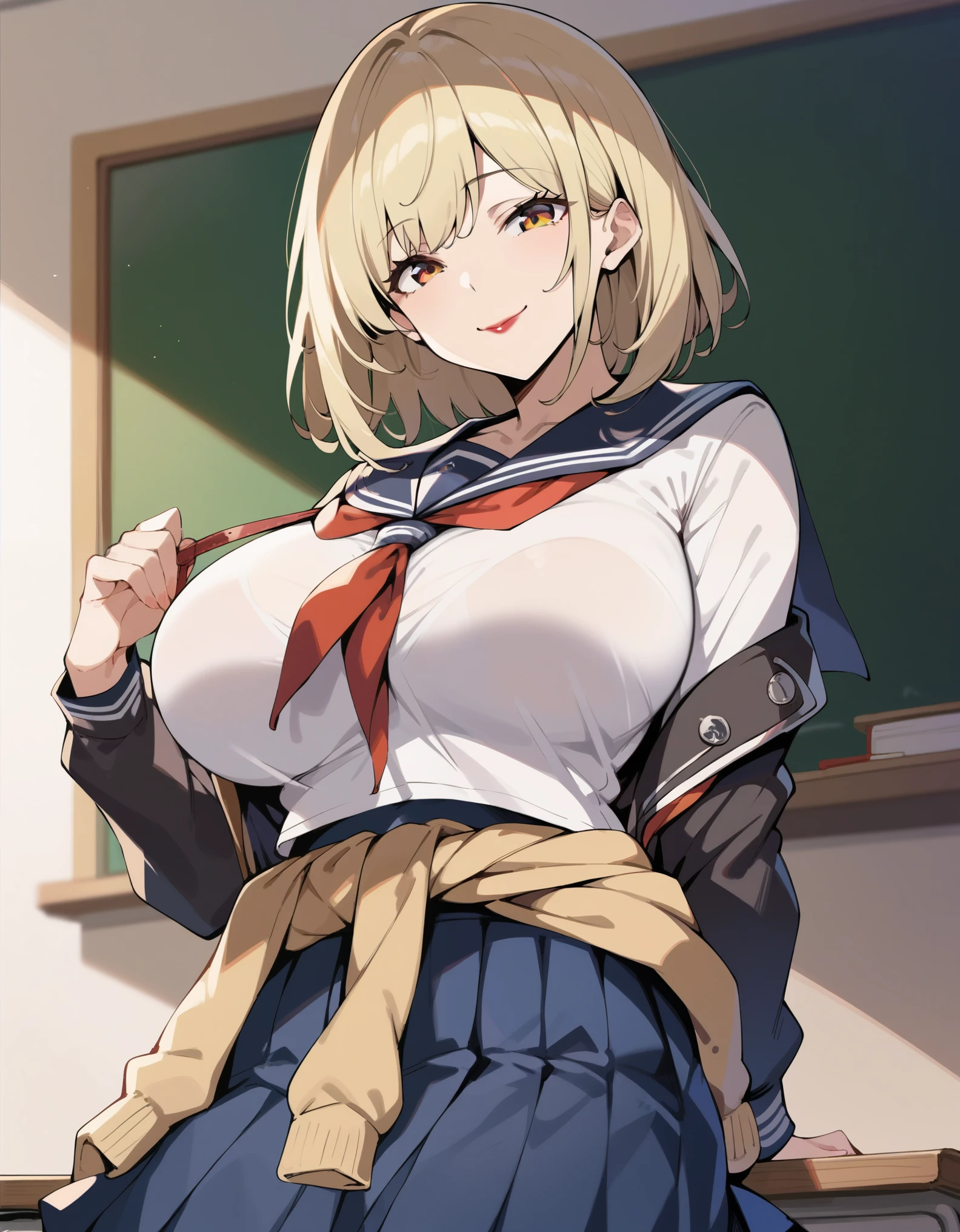 masterpiece, score_9, score_8_up, score_7_up, source_anime, best quality, extremely detailed, 1girl, milf, solo, Burnice_ZZZ, (huge breasts), ((((blonde hair), medium hair, orange eyes))), red lips, (((seifuku, sailor collar, jacket around waist, medium skirt, pantyhose))), ((light smile), closed mouth), ((classroom))