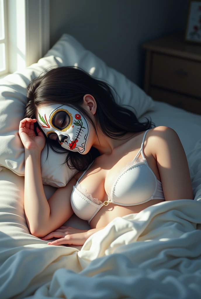 Beautiful Japanese girl long messy brown hair, with sugar skull face paint in bed, wearing red satin sexy lingerie underwear, looking a little sleepy sensual feeling