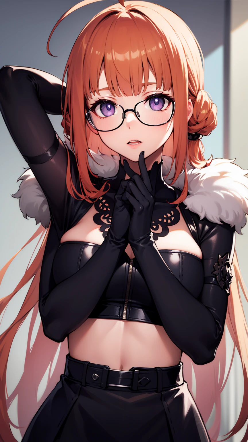 futabasakura, futaba sakura, orange hair, glasses, long hair, (purple eyes:1.1), ahoge,
BREAK (black gloves, elbow gloves, fur trim, dress, coat, High contrast:1.2),
BREAK folds hands behind head,
BREAK indoors, classroom,
BREAK (masterpiece:1.2), best quality, high resolution, unity 8k wallpaper, (illustration:0.8), (beautiful detailed eyes:1.6), extremely detailed face, perfect lighting, extremely detailed CG, (perfect hands, perfect anatomy),