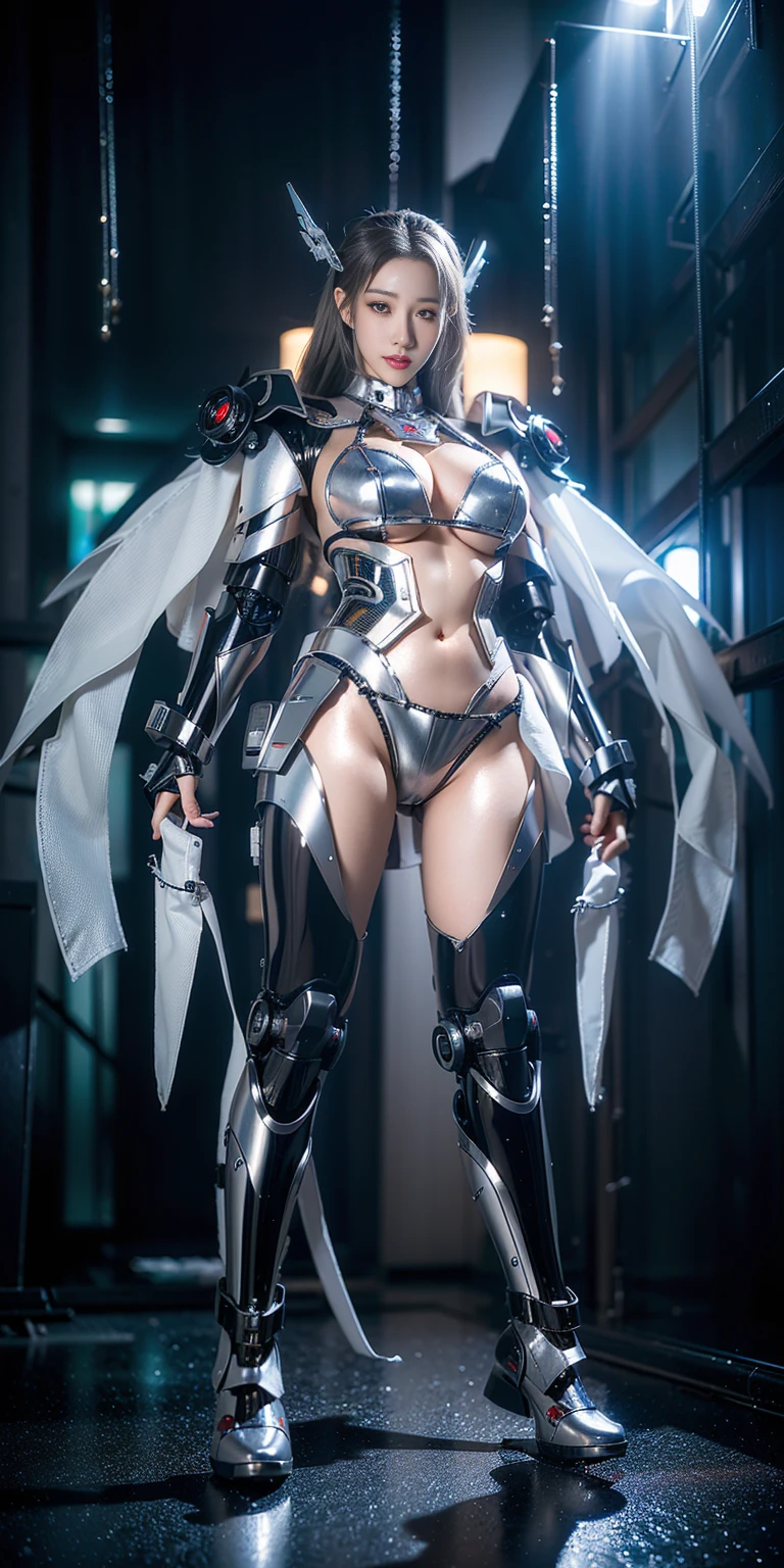 Super Detail, High Detail, high quality, best quality, High resolution，a female robot，Beautiful female robot,beautiful clear face(Rain waves_haneame：1.5)，mechanical body(whole body，body curve，Large size chest)，silver machine armor，high tech，Military