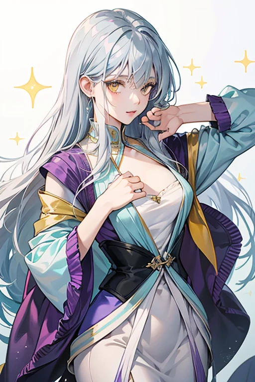 Tall guy, long white hair, fox ears, purple eyes, open kimono, open chest, chains, smile, masterpiece, high quality