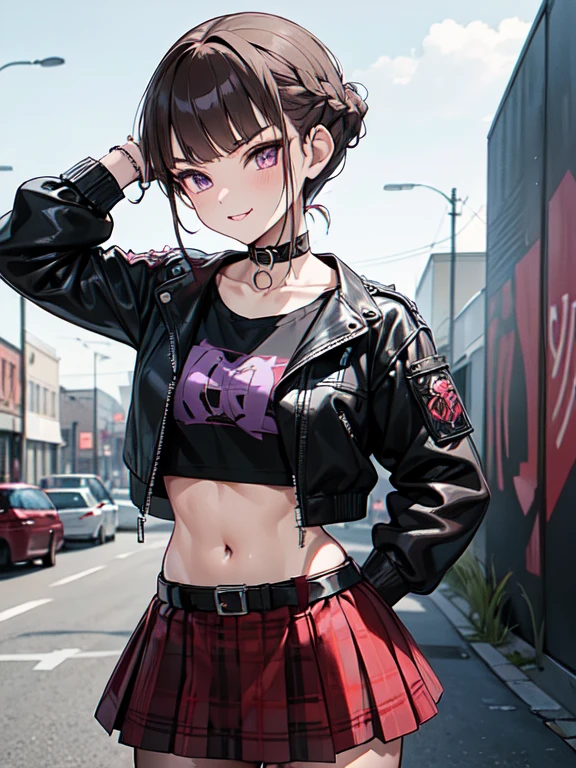 ((nice with you)), short hair, Braided hair, Brown Hair, Purple eyes, bangs, woman, alone, punk, punkファッション, Leather jacket, (Red tartan check red skirt), Fishnet tights, Black T-shirt, Spiked Choker, bracelet, Black eyeshadow, Black Lips, masterpiece, Urban Scene、Background of the cityscape、Graffiti wall