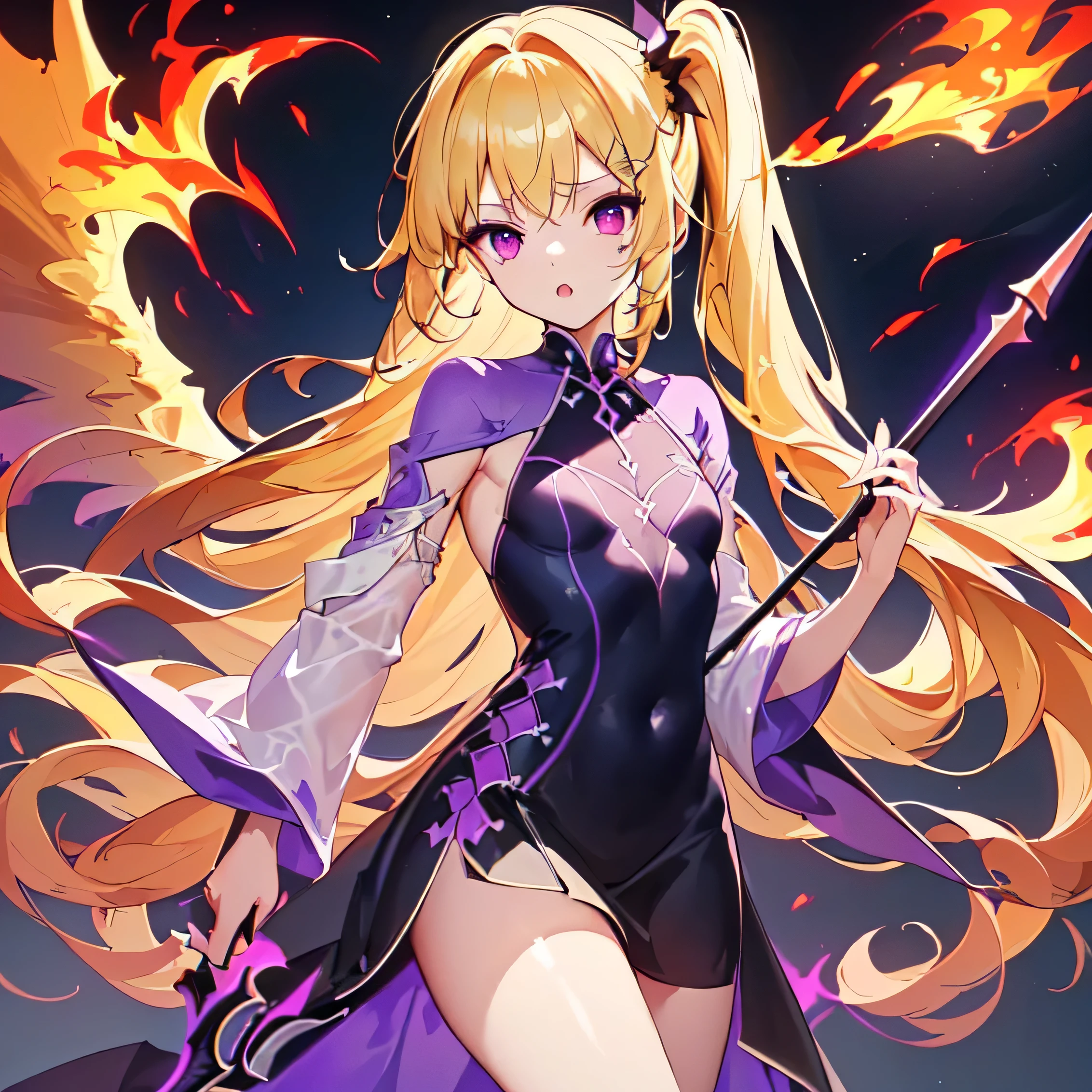 ((Highest quality))(((One person)))(Anatomically correct)(long side ponytail 1.4)(detailed),Turned this way, Angelic,Wrapped in flames((Small breasts))(Young)((Large wings))((A gothic wizard dress and skirt that barely reveals anything))((Long blonde hair))((Holding a spear with a sickle))(Wearing flames)((Purple Eyes))Mysterious Temple、