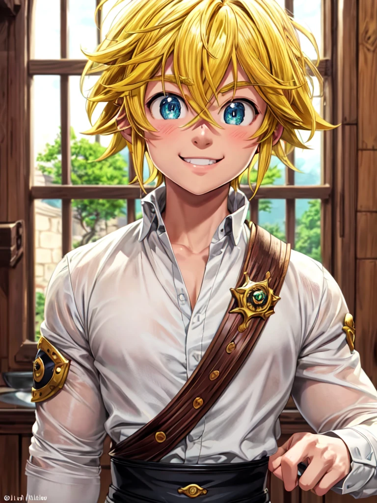 masterpiece, best quality, ultra-detailed, illustration, 1boy, solo, male focus, looking at viewer, upper body, , meliodas_nanatsu_no_taizai, blonde hair, blu eyes, jacketBlue eyes, Blonde Hair, without a shirtBlush, Smile, s3xy smile