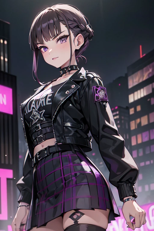 ((nice with you)), short hair, Braided hair, Brown Hair, Purple eyes, bangs, woman, alone, punk, punkファッション, Leather jacket, (Purple tartan skirt), Fishnet tights, Black T-shirt, Spiked Choker, bracelet, Black eyeshadow, Black Lips, masterpiece, Urban Scene、Background of the cityscape、Graffiti wall