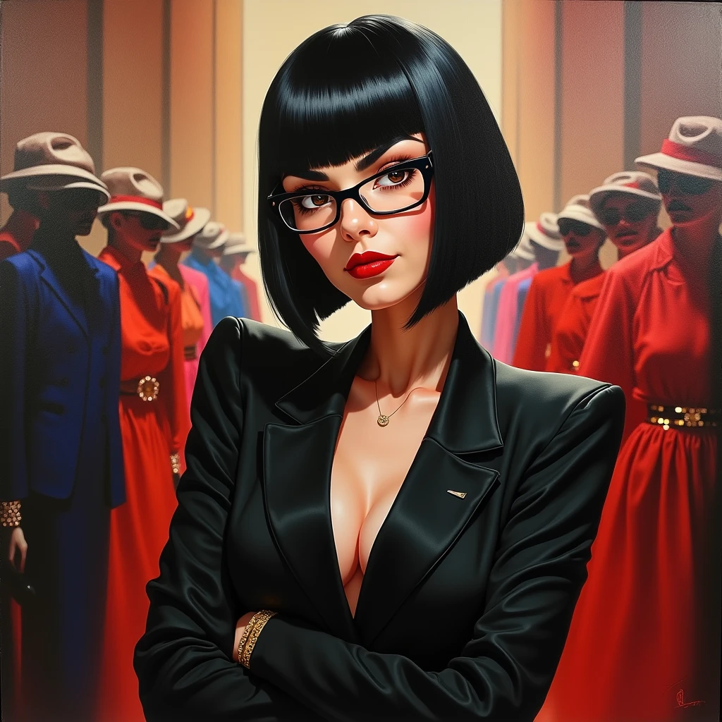 Edna Mode, oil painting, best quality, ultra-detailed, realistic, vibrant colors, bold lighting, costume designer,  figure, stylish glasses, sleek bob hairstyle, expressive eyebrows, sharp wit, confident stance, luxurious fabric textures, vivid red lipstick, elegant hand gestures, fashion-forward, artistic background, iconic fashion sense, strong personality, high fashion, creative poses, dramatic lighting, extravagant accessories, detailed facial features, tailored suits, fierce attitude, couture fashion, extravagant runway designs, humorous expressions, glamorous runway show, bold and modern style, attention to detail, unique fashion sense, avant-garde, confident expression, captivating presence, fashionista, sophisticated aesthetic, glamorous atmosphere, Studio lighting. Busty