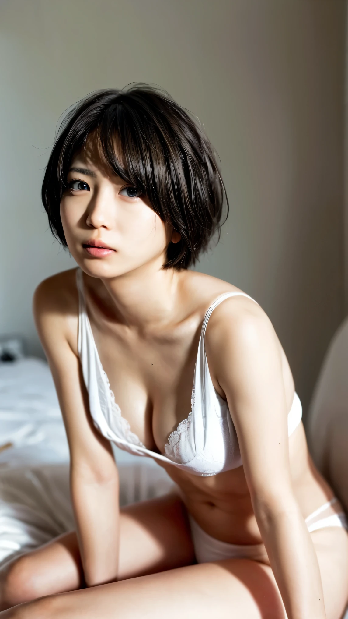 (Petite women, Japanese,  Black Hair, Full body portrait, short hair, Large Breasts, White bra, White panties, In the bedroom), ((No makeup)), Fair-skinned, shiny thin lips, skinny, Body Type, Delicate and sexy collarbone, Highest quality, RAW Photos, Realistic, face, Very beautiful, cute, Depth of the written border, High resolution, 超detailed, detailed, Very detailed, extremely detailed eye and face, Sharp pupils, Sharp focus, Cinema Lighting