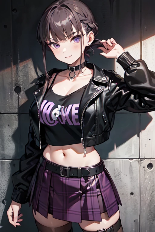 ((nice with you)), short hair, Braided hair, Brown Hair, Purple eyes, bangs, woman, alone, punk, punkファッション, Leather jacket, (Purple tartan skirt), Fishnet tights, Black T-shirt, Spiked Choker, bracelet, Black eyeshadow, Black Lips, masterpiece, Urban Scene、Background of the cityscape、Graffiti wall、full body