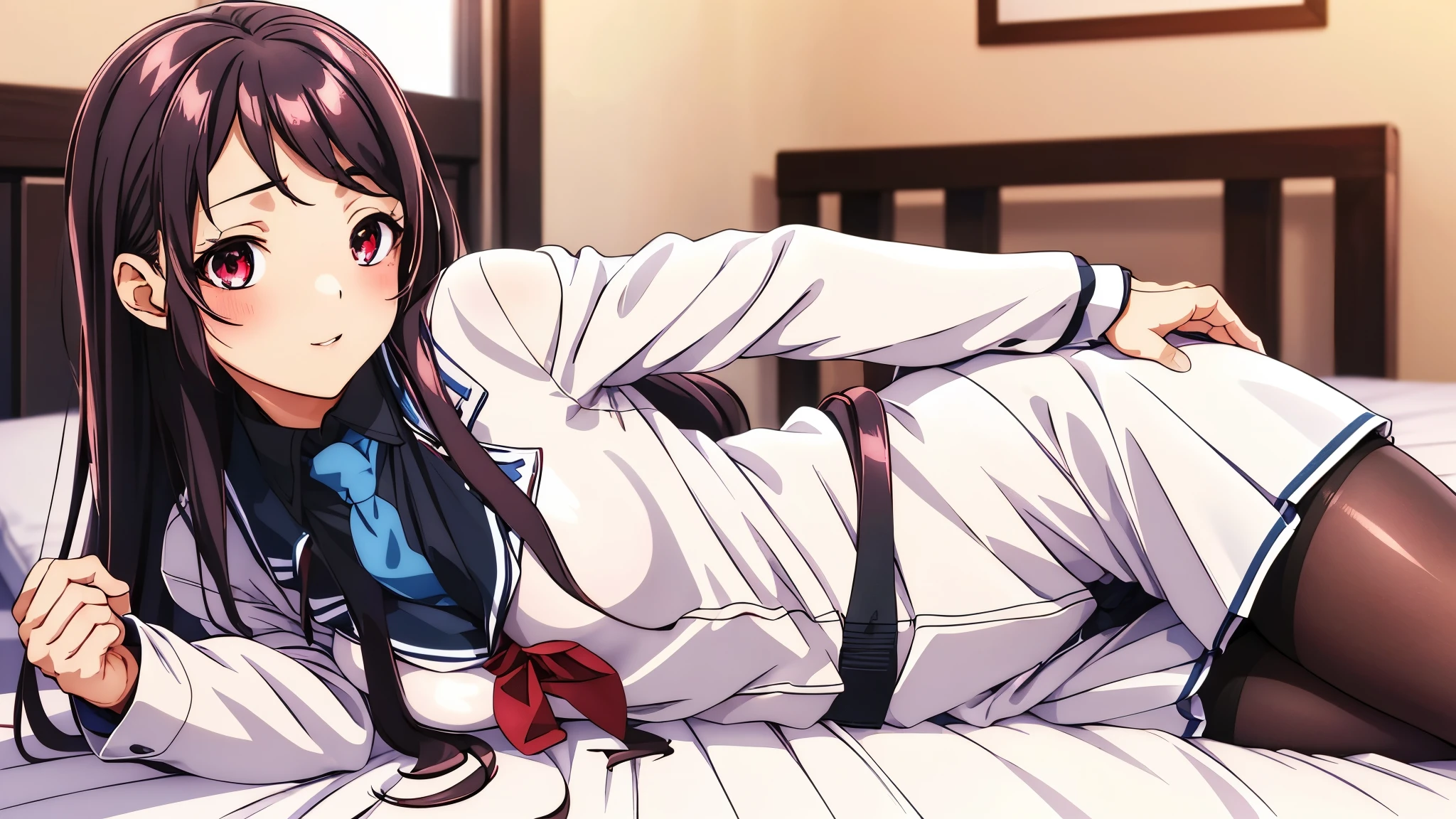 Show your armpits,Kaori Hojo, girl, (masterpiece: 1.1), (highest quality: 1.1), red eyes, long hair, cute smile, (upturned eyes, blush:1.2), parted lips,((school uniform), jacket, sleeve, tie, white skirt),  (pantyhose), bed room, ((bed on side:1.2)), (close-up:1.2), gravure,