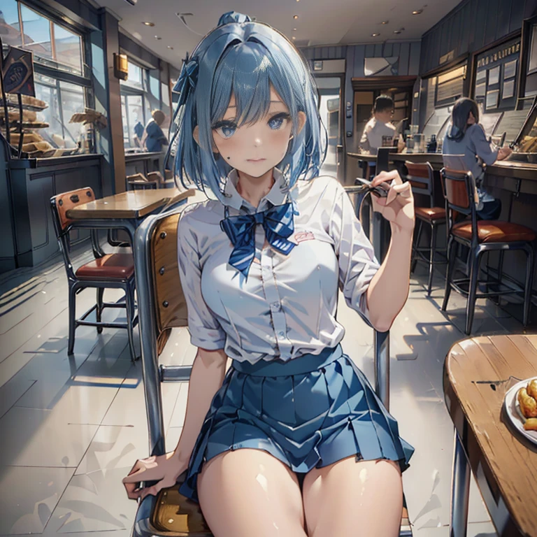 (((beautiful detailed)))(cute face:1.2)1girl, A girl stuffing her face with french fries, Girl crying while eating a pile of french fries, Inside a 1950s-style diner, 1950s-style interior, Navy blue hair, blue eyes, A short-sleeved white shirt with four vertical bow ties, Ahoge, long bob cut with fluffy hair(sharp lines:1.2)(clear line:1.2)(eye details:1.3)(thick border:1.4) animation cel style,ligne claire, limited palette((masterpiece, high quality, best quality))(low contrast: 0.5),Anna yanami, blue hair, blue eyes, school uniform, makeine, too many losing heroines,Watercolor style, watercolor pencil, paper texture,90s style,Anna yanami, blue hair, blue eyes, school uniform, makeine, too many losing heroines, 