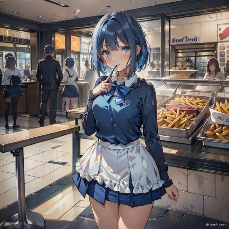 (((beautiful detailed)))(cute face:1.2)1girl, A girl stuffing her face with french fries, Girl crying while eating a pile of french fries, Inside a 1950s-style diner, 1950s-style interior, Navy blue hair, blue eyes, A short-sleeved white shirt with four vertical bow ties, Ahoge, long bob cut with fluffy hair(sharp lines:1.2)(clear line:1.2)(eye details:1.3)(thick border:1.4) animation cel style,ligne claire, limited palette((masterpiece, high quality, best quality))(low contrast: 0.5),Anna yanami, blue hair, blue eyes, school uniform, makeine, too many losing heroines,Watercolor style, watercolor pencil, paper texture,90s style,Anna yanami, blue hair, blue eyes, school uniform, makeine, too many losing heroines, 